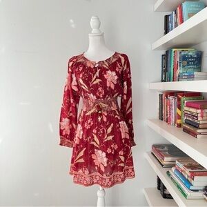 Alicia Bell Floral Beaded Tassel Tie Mini Dress Red Small